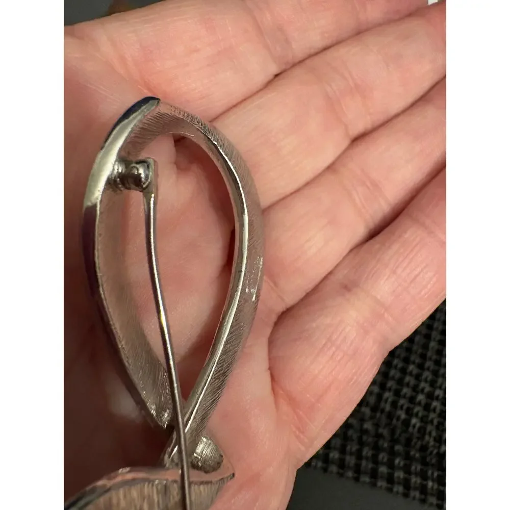Vintage Trifari Crown Abstract Ribbon Brooch Brushed Silver Tone